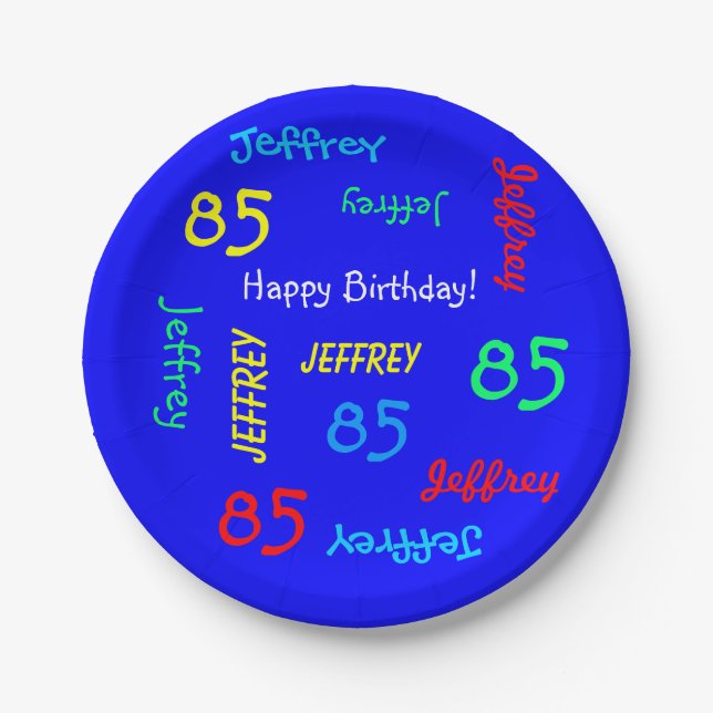 Assiettes En Carton 85e anniversaire, noms répétitifs, Royal Blue (Devant)