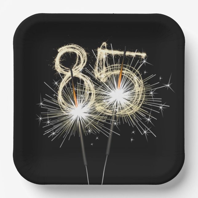 Assiettes En Carton 85e anniversaire Sparklers de fête sur noir (Recto)