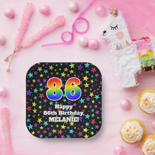 Assiettes En Carton 86e anniversaire : Fun Stars Motif et Arc-en-ciel 