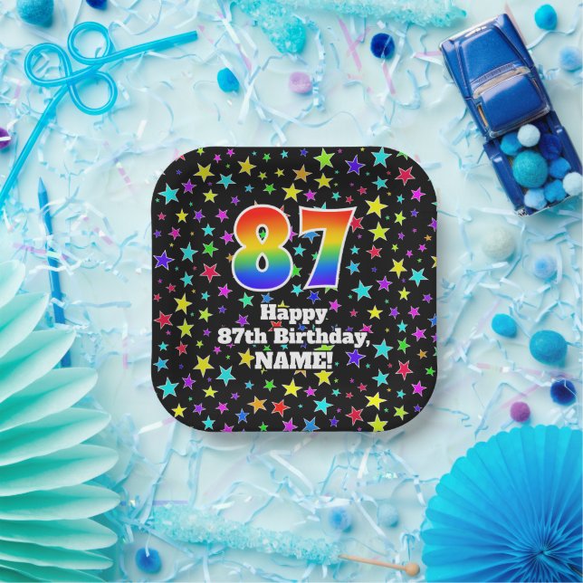 Assiettes En Carton 87ème anniversaire : Fun Stars Motif et Rainbow "8 (Fête)