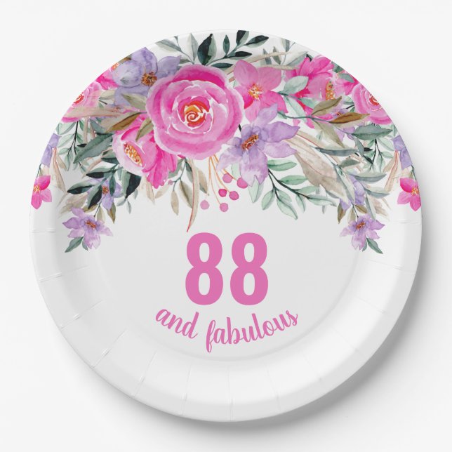 Assiettes En Carton 88e anniversaire rose floral (Devant)