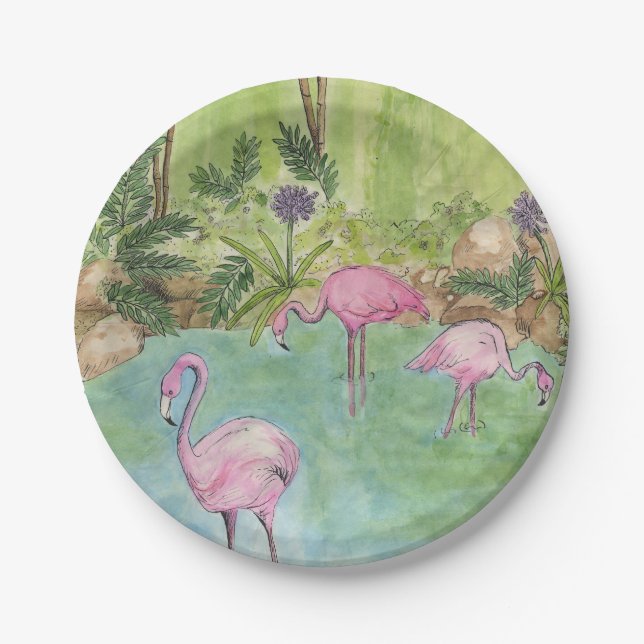 Assiettes En Carton 8 Plaques papier - Flamants roses aquarelles (Devant)