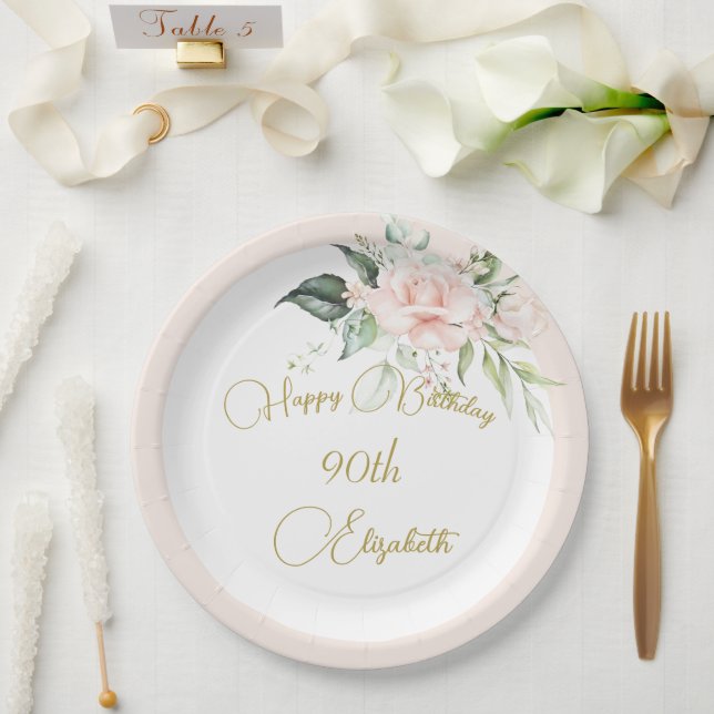 Assiettes En Carton 90e anniversaire aquarelle rose florale élégant (Mariage)