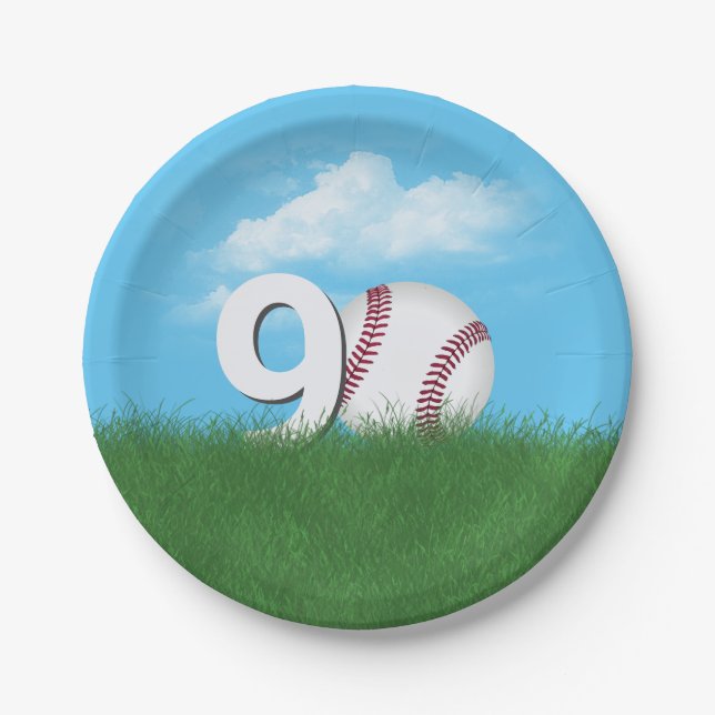 Assiettes En Carton 90e Anniversaire Baseball En Herbe Verte (Devant)
