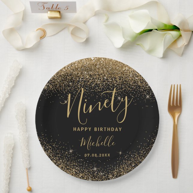 Assiettes En Carton 90e anniversaire Black Gold Parties scintillant éc (Mariage)