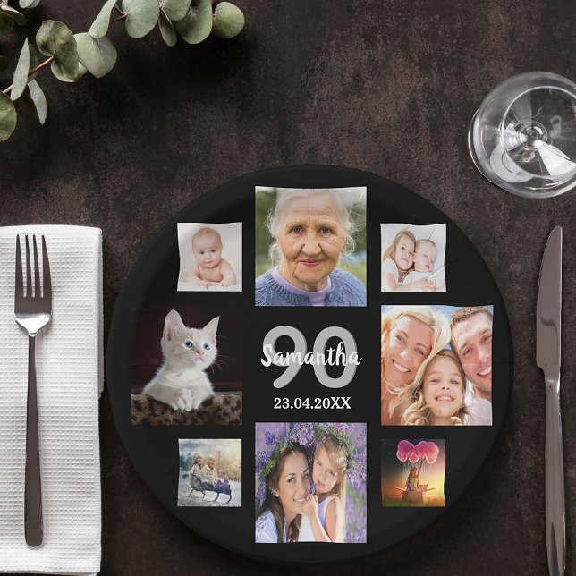 Assiettes En Carton 90e anniversaire fête photo collage femme noir (Créateur téléchargé)