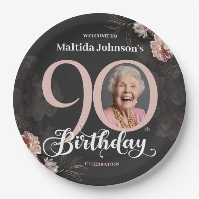 Assiettes En Carton 90e anniversaire Floral rose gris photo personnali (Devant)