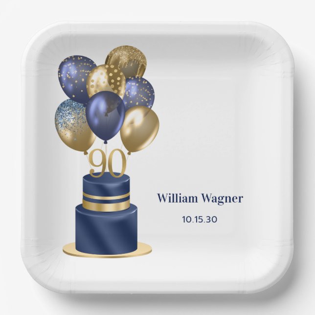 Assiettes En Carton 90e anniversaire Marine Blue Balloon Cake (Recto)