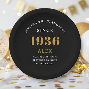Assiettes En Carton 90e Anniversaire Nom 1936 Élégant Chic Noir Or