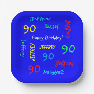 Assiettes En Carton 90e anniversaire, noms répétitifs, Royal Blue