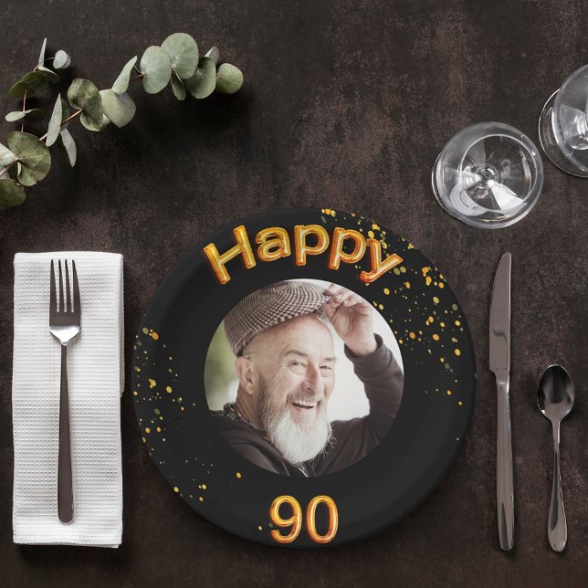 Assiettes En Carton 90e anniversaire photo ballons d'or noir (Créateur téléchargé)