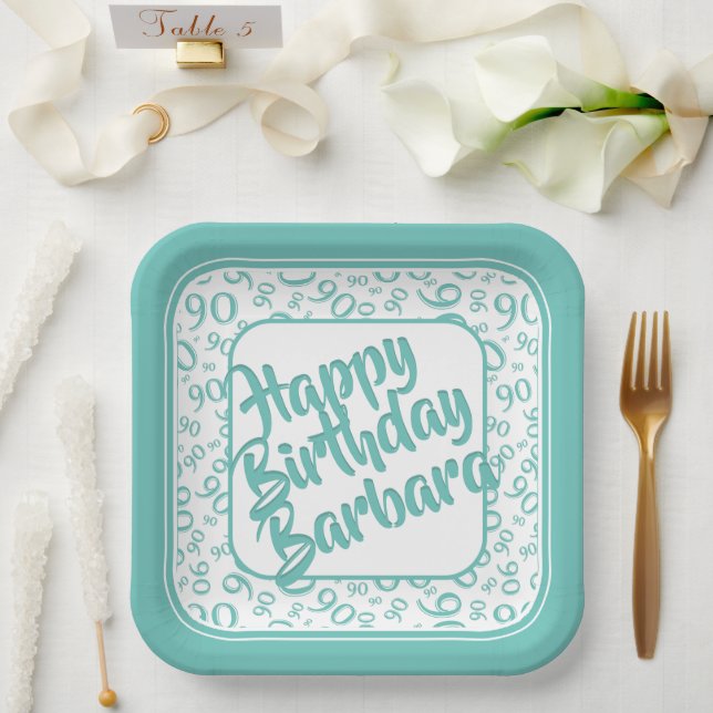 Assiettes En Carton 90e anniversaire Random Number Motif Turquoise Bla (Mariage)