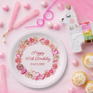 Assiettes En Carton 90e anniversaire Roses roses Tourbillonnant Coeur