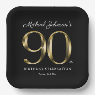 Assiettes En Carton 90e Anniversaire Solid Gold Texte Élégant Noir