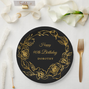 Assiettes En Carton 90e fête d'anniversaire Luxe Gold Rose Floral Blac