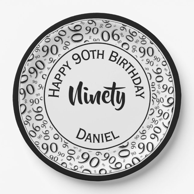 Assiettes En Carton 90e Motif de numéro aléatoire noir/blanc (Devant)
