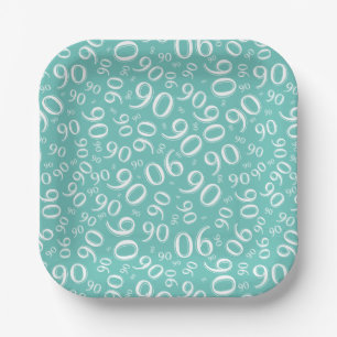 Assiettes En Carton 90e Motif de numéro aléatoire Turquoise/blanc