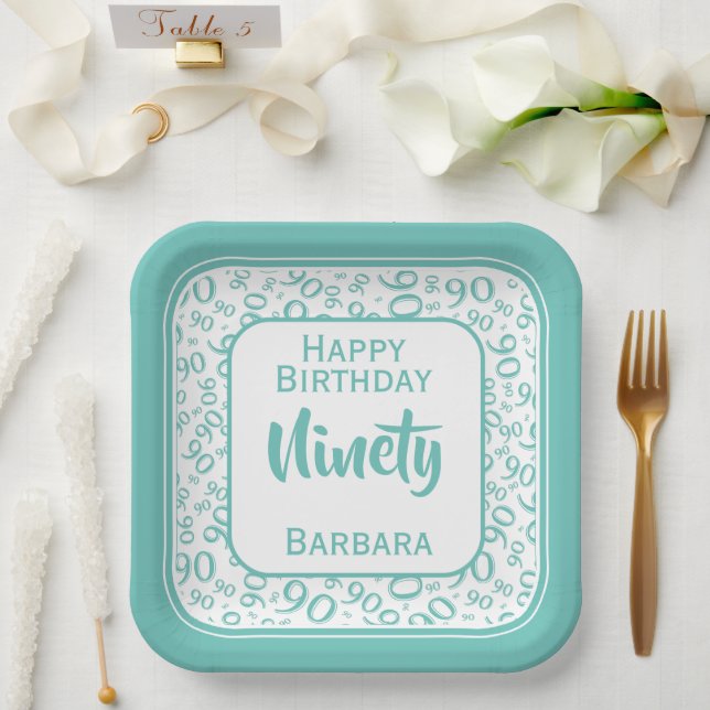 Assiettes En Carton 90e Motif de numéro aléatoire Turquoise/blanc (Mariage)