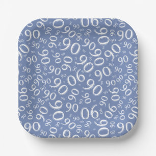 Assiettes En Carton 90e Motif du numéro aléatoire bleu/blanc
