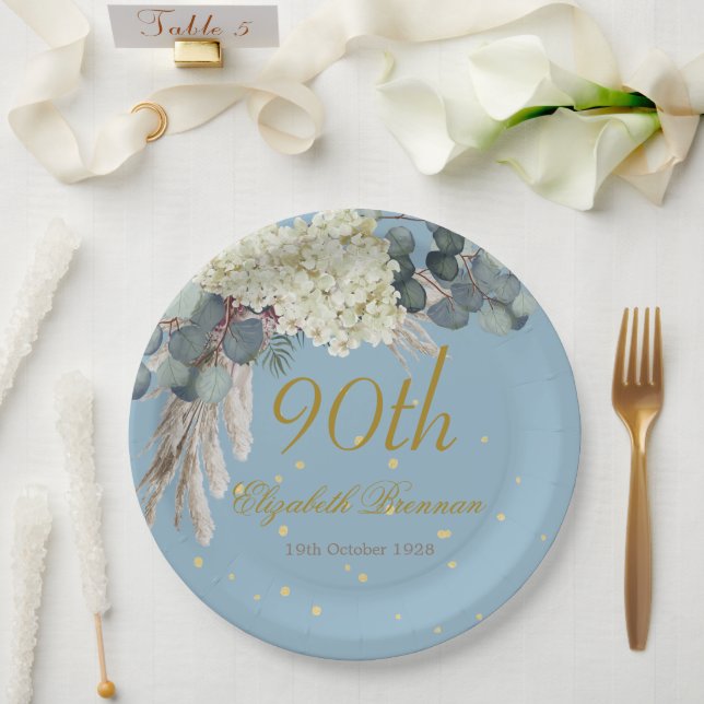 Assiettes En Carton 90ème Floral Blue Gold Elegant Photo Anniversaire (Mariage)