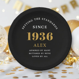 Assiettes En Carton 90th Birthday Name 1936 Black Gold Elegant Chic