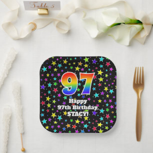 Assiettes En Carton 97e anniversaire : Fun Stars Motif et Rainbow "97"
