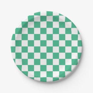 Assiettes En Carton à damiers Aqua Vert et Blanc