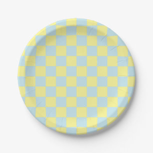 Assiettes En Carton à damiers bleu doux et jaune