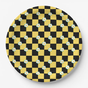 Assiettes En Carton à damiers fleurs jaune blanc et noir