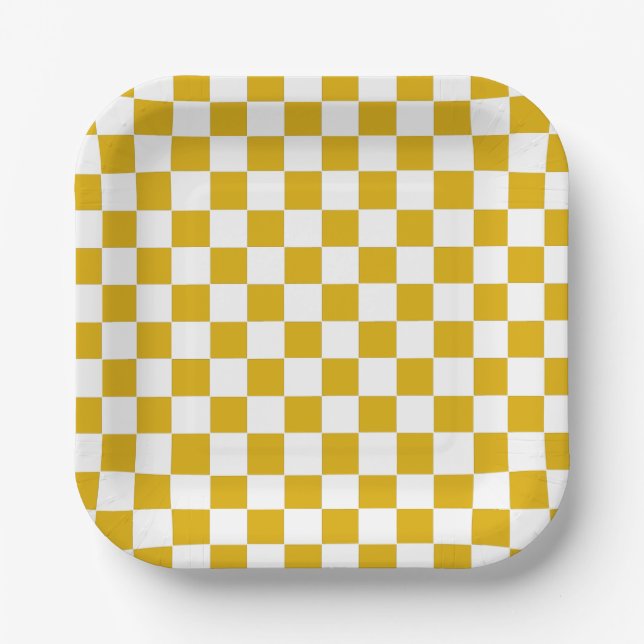Assiettes En Carton à damiers moutarde jaune et blanc (Recto)