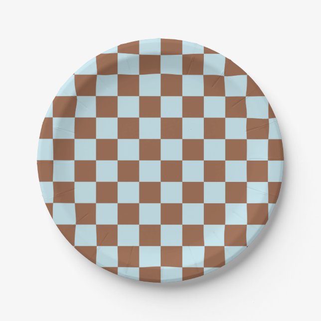 Assiettes En Carton à damiers Pastel Bleu et Brown (Devant)