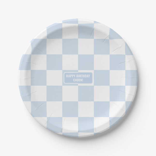Assiettes En Carton À damiers personnalisées Bleu Bébé (Devant)