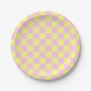 Assiettes En Carton à damiers rose et jaune doux