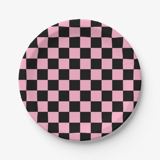 Assiettes En Carton à damiers rose et noir (Devant)