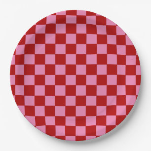 Assiettes En Carton à damiers rouge et rose chaud