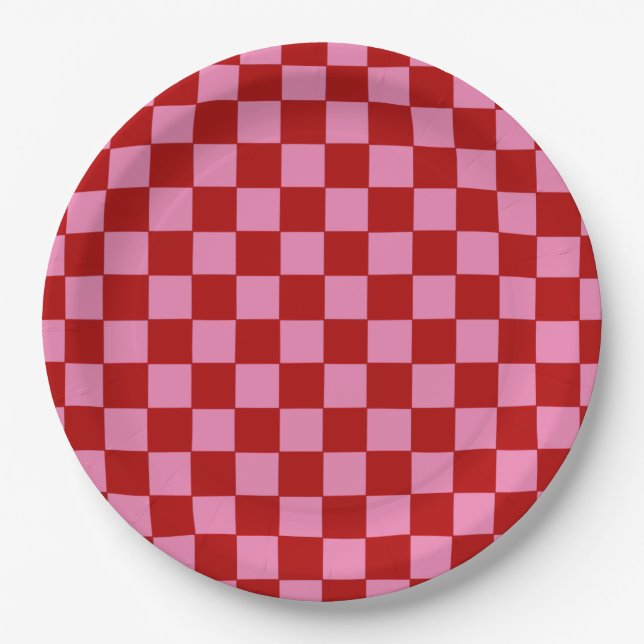 Assiettes En Carton à damiers rouge et rose chaud (Devant)