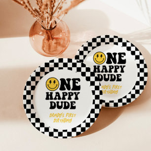 Assiettes En Carton à damiers un joyeux mec 1er anniversaire sourire