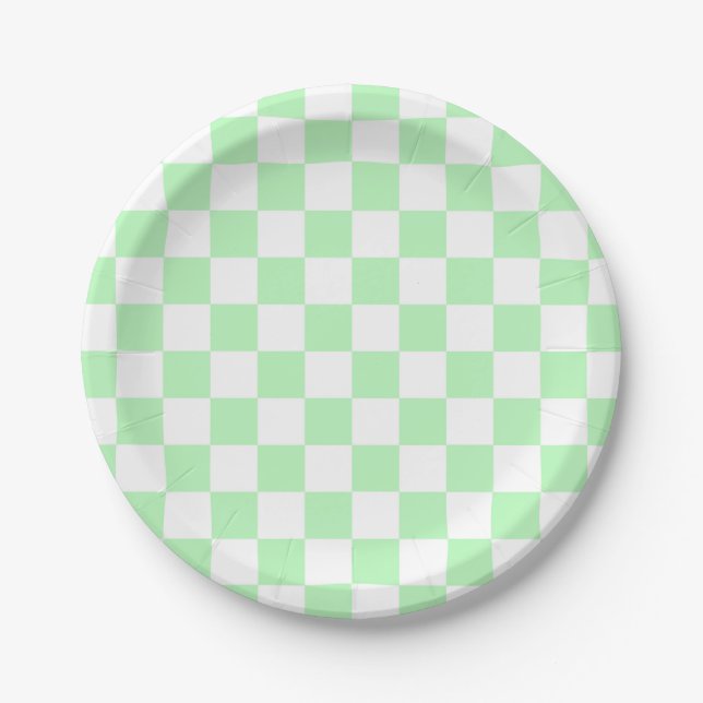 Assiettes En Carton à damiers Vert doux et blanc (Devant)