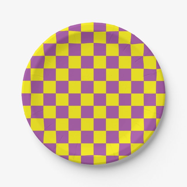 Assiettes En Carton à damiers violet et jaune (Devant)