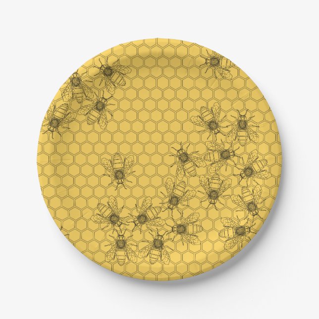 Assiettes En Carton Abeille de miel jaune et Plaques en papier peigne (Devant)
