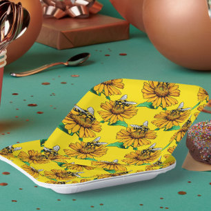 Assiettes En Carton Abeille sur motif de fleur de tournesol jaune 