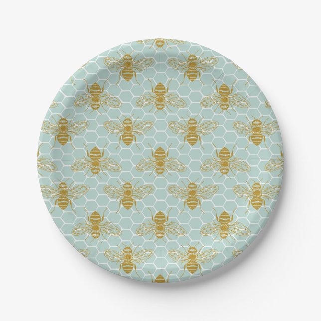 Assiettes En Carton Abeilles de miel dorées sur nid d'abeille Turquois (Devant)