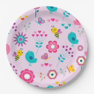 Assiettes En Carton Abeilles, oiseaux et papillons aux fleurs