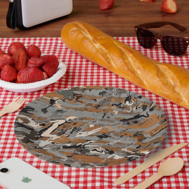 Assiettes En Carton Abstrait gris, noir et caramel (Pique-nique)