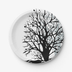 Assiettes En Carton Abstrait moderne arbre noir silhouette ombre blanc