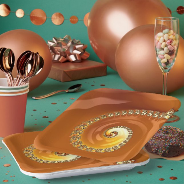 Assiettes En Carton Abstrait or Orange Dégradé Spiral Fractal (Multi)