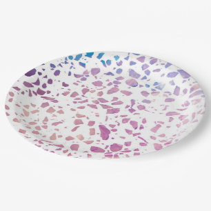 Assiettes En Carton Abstrait Terrazzo Mosaic rose et Motif bleu