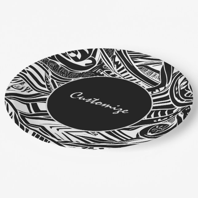 Assiettes En Carton Abstrait tribal noir et blanc (Angle)
