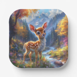 Assiettes En Carton Adorable Cerf de Bébé dans une forêt enchantée
