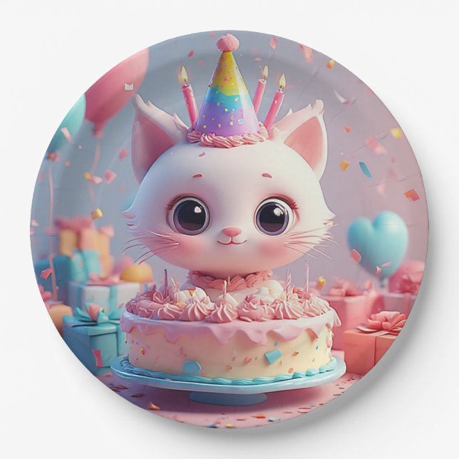 Assiettes En Carton Adorable chat Animé célébrant un anniversaire (Devant)